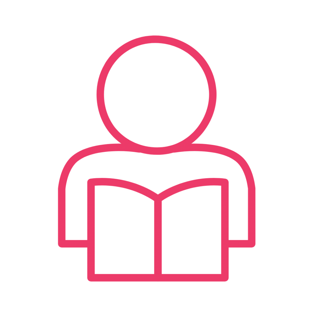A simple outline of a person with an open book in front of them.