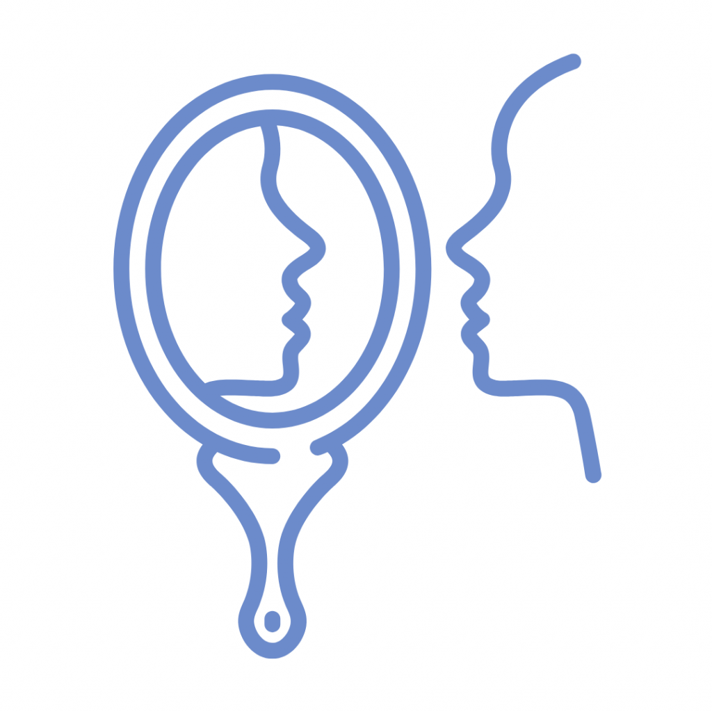 A person looking in a mirror. The image shows a person's profile facing a mirror, with their reflection visible inside the mirror. This is a common symbol of self-reflection, introspection, or personal evaluation.