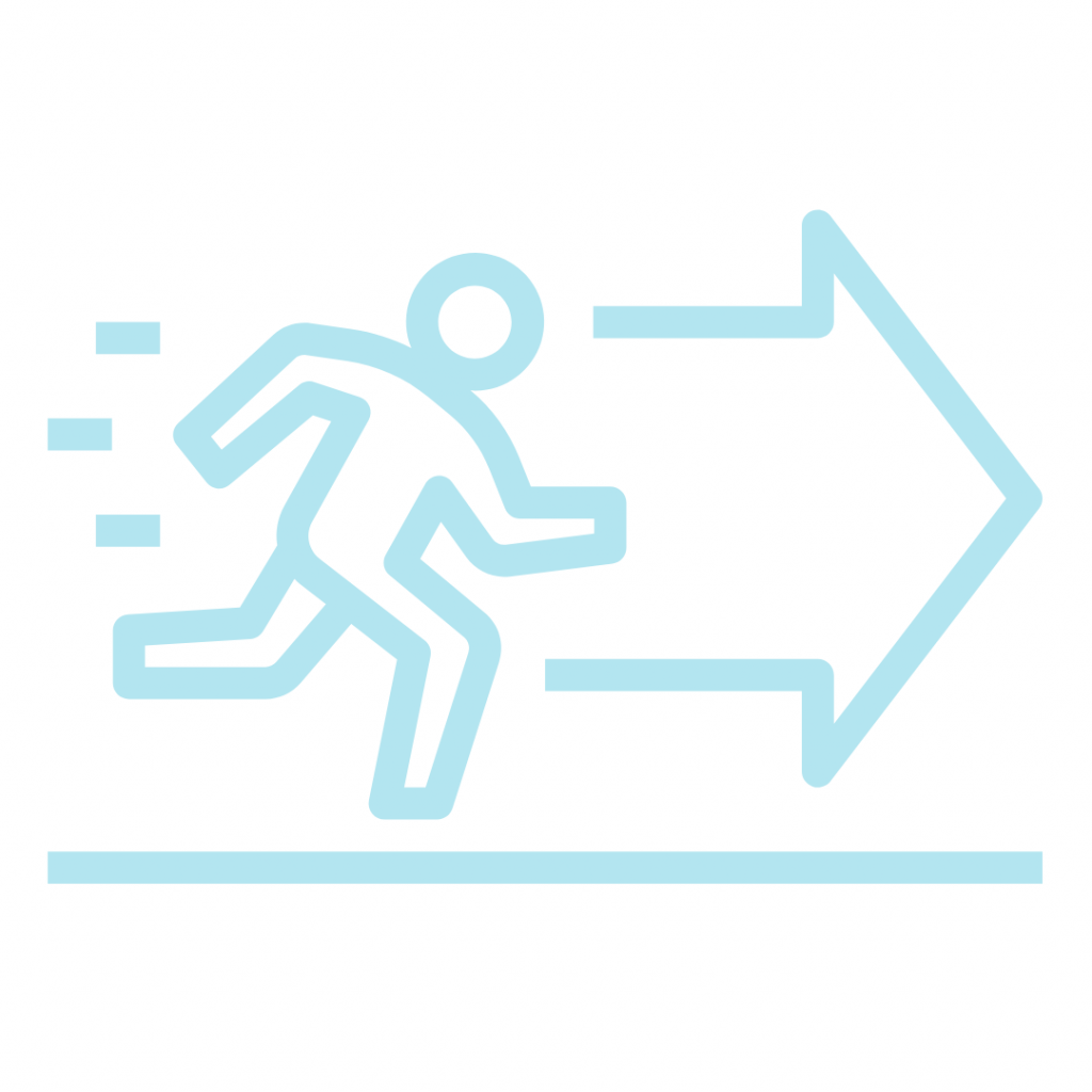 An exit sign. It's a symbol commonly used to indicate an emergency exit or a way out of a building or area. The figure running towards the arrow suggests a quick and urgent departure.