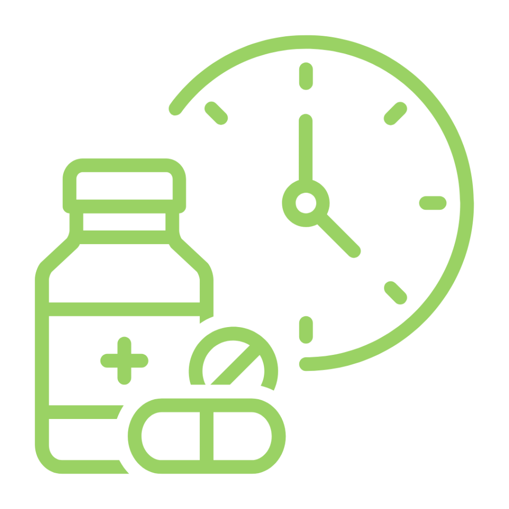 A line drawing of a medicine bottle with pills and a clock.