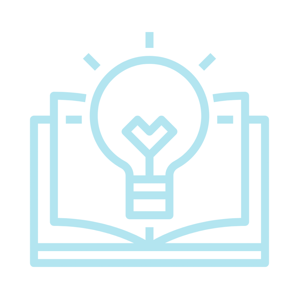 A line drawing of an open book with a lightbulb radiating from it.