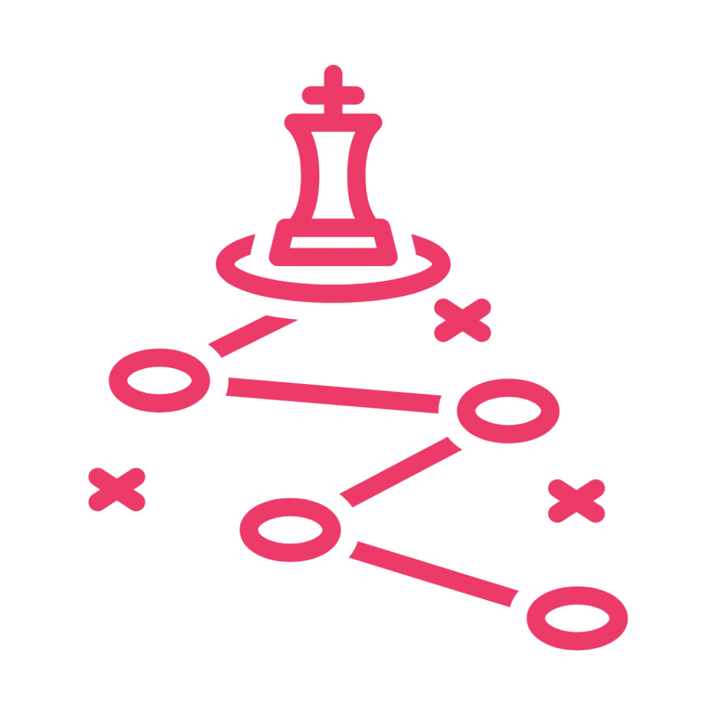 A line drawing of a chess king piece with several circles and lines connecting them.