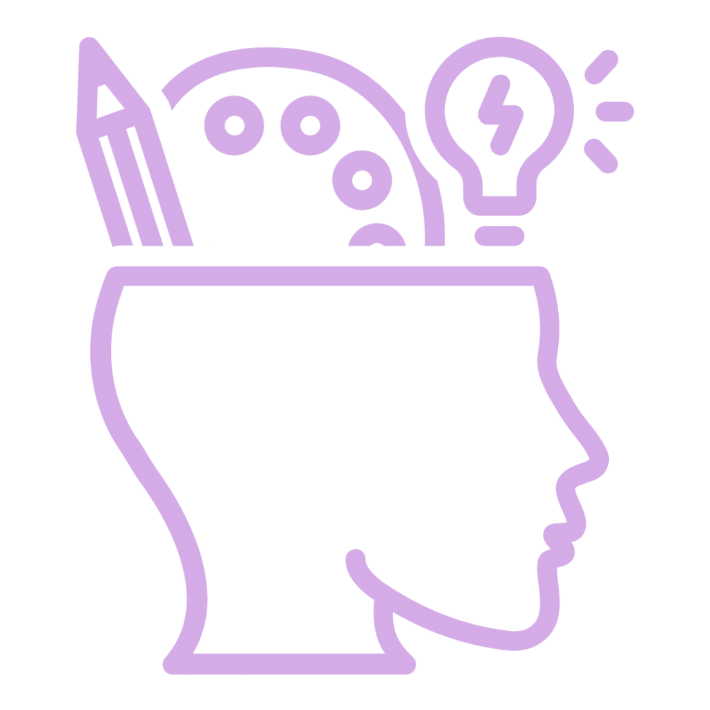 A line drawing of a head with a pencil, a paint palette, and a lightbulb inside.
