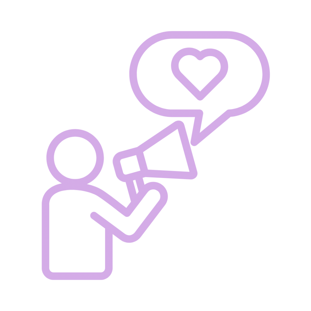 A line drawing of a person holding a megaphone with a heart-shaped speech bubble.