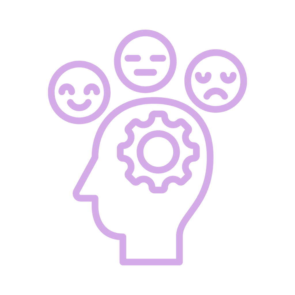 A line drawing of a head with a gear inside and three emojis representing different emotions above it.