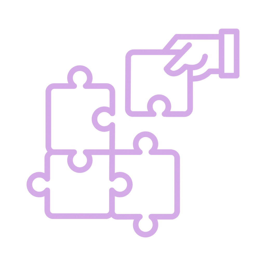 A line drawing of puzzle pieces being connected, with a hand placing one of the pieces.