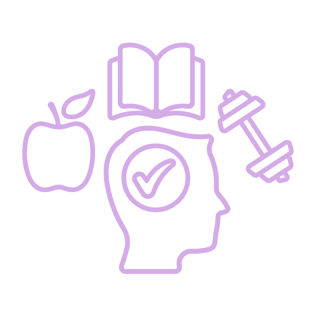 A line drawing of a head with a checkmark inside, surrounded by an apple, a book, and a dumbbell.