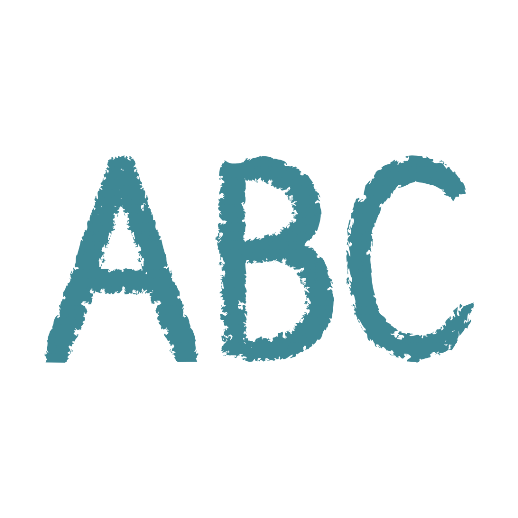 The letters A, B, and C written in a textured, hand-drawn style.