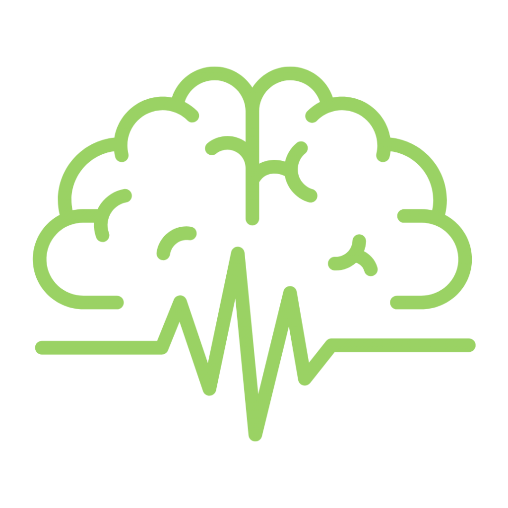 A line drawing of a brain with a heartbeat line below it.