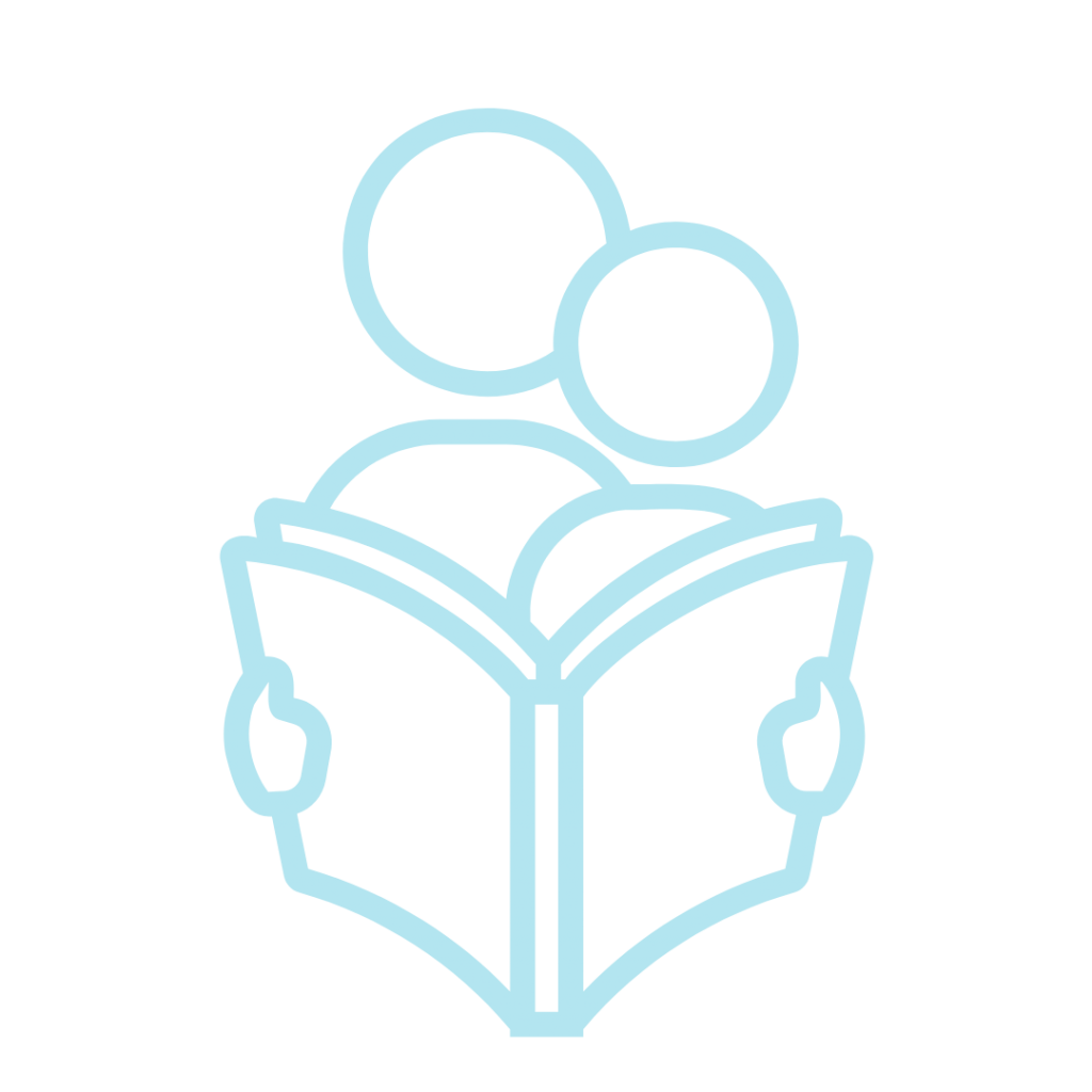 A line drawing of two people reading a book together.