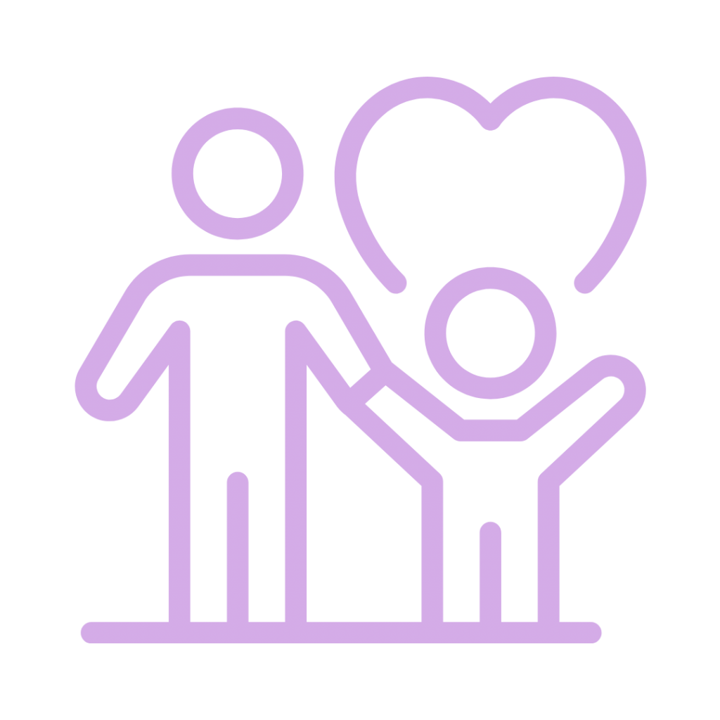 A line drawing of an adult and a child standing together, with a heart above them.