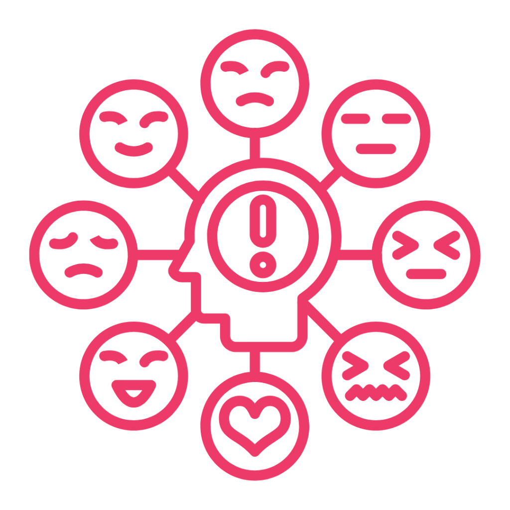 A line drawing of a head with an exclamation point, surrounded by various emojis representing different emotions.