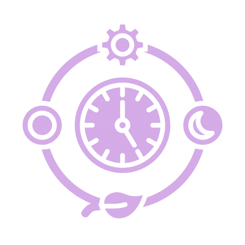 A line drawing of a clock surrounded by a sun, moon, leaf, and gear.