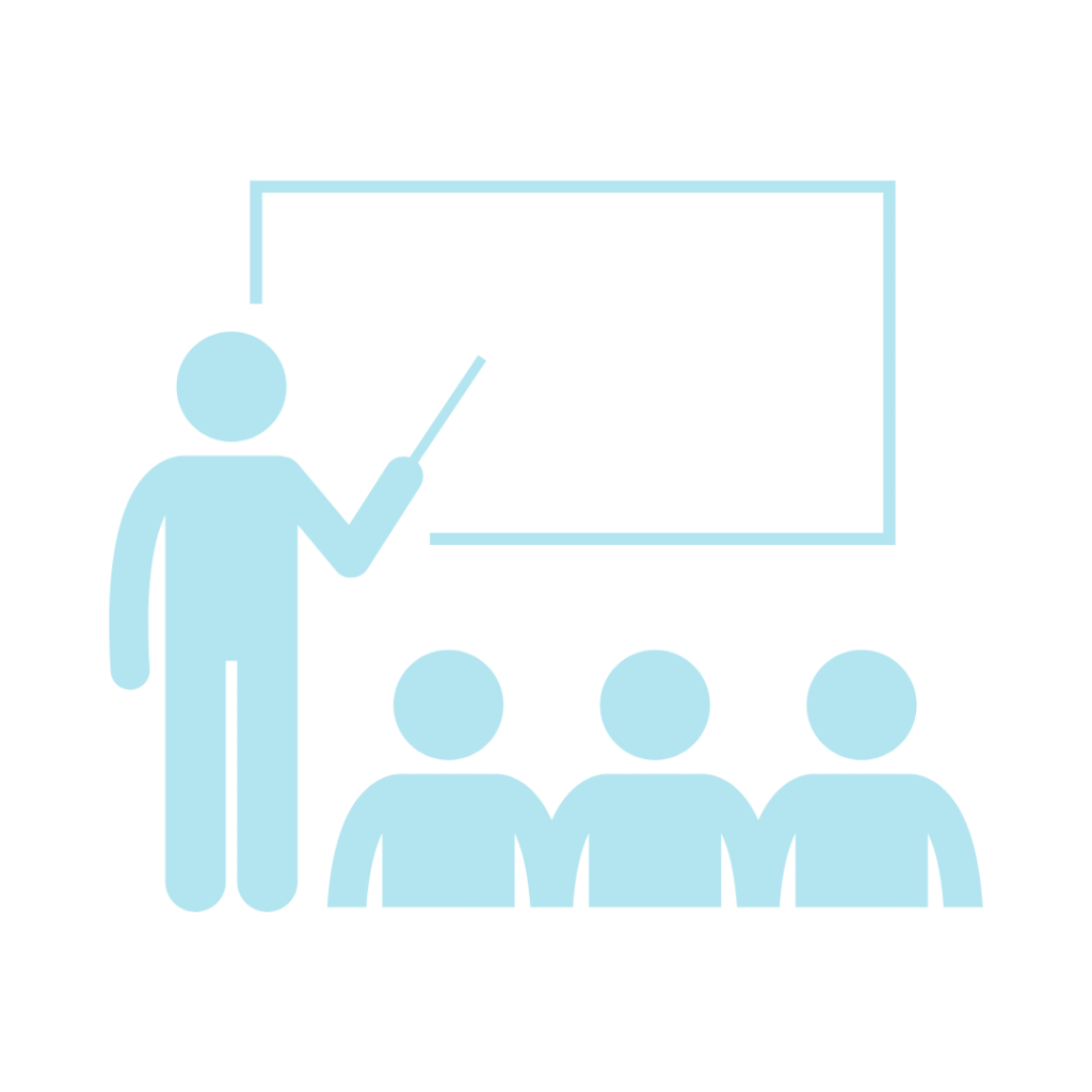 A line drawing of a teacher standing in front of a whiteboard, pointing at it, with three students sitting below.
