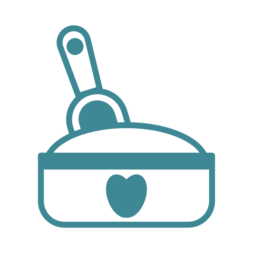 A line drawing of a bowl with a spoon and a heart on the bottom.
