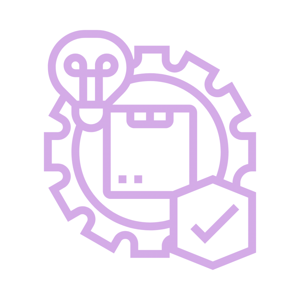 A line drawing of a gear with a lightbulb, a box, and a shield inside it.