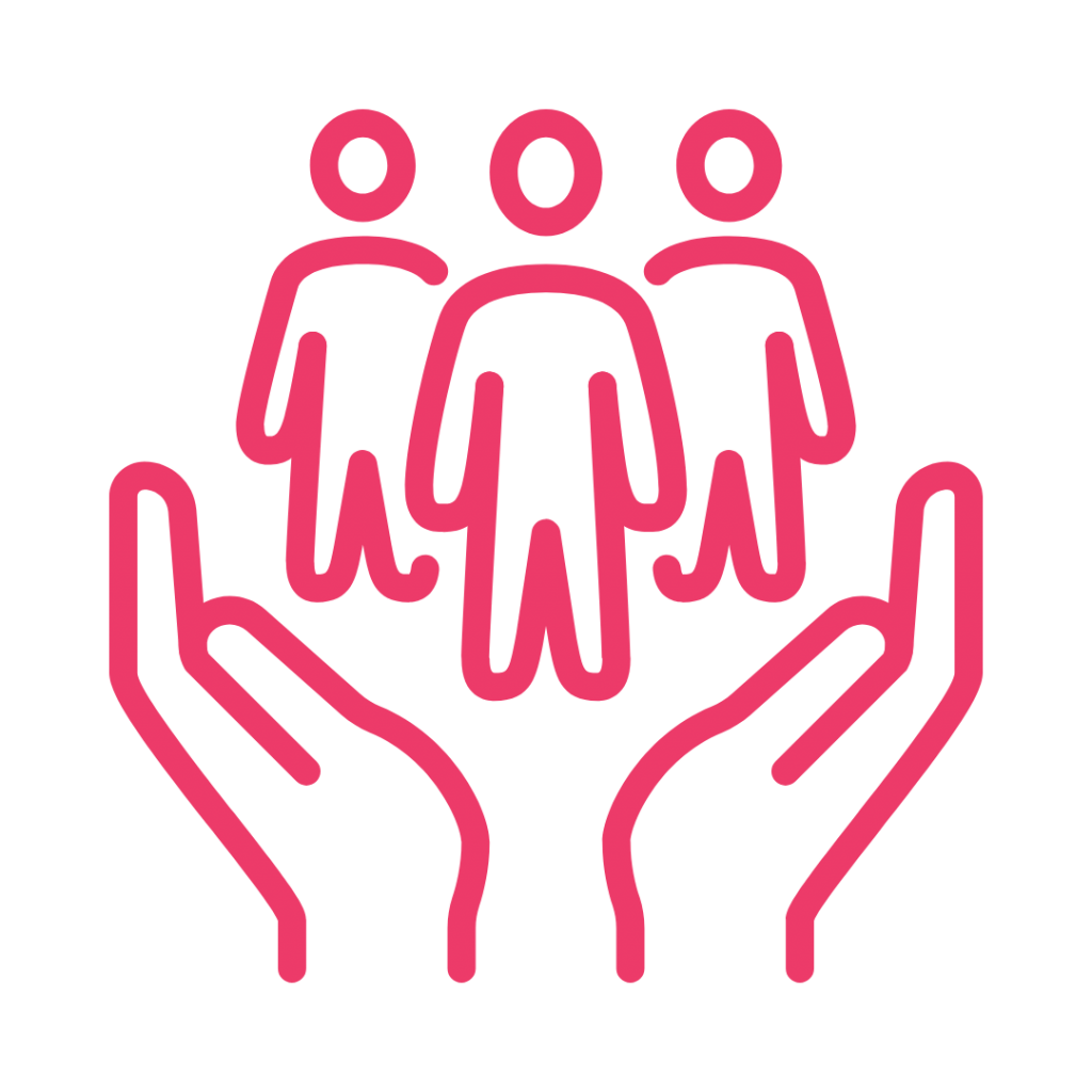 A line drawing of two hands cupping three people.