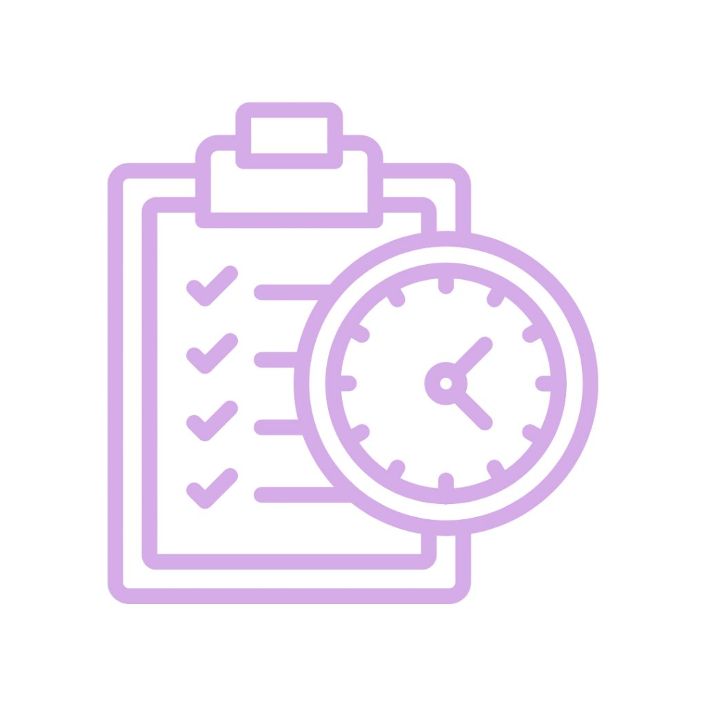 A line drawing of a clipboard with a checklist and a clock.