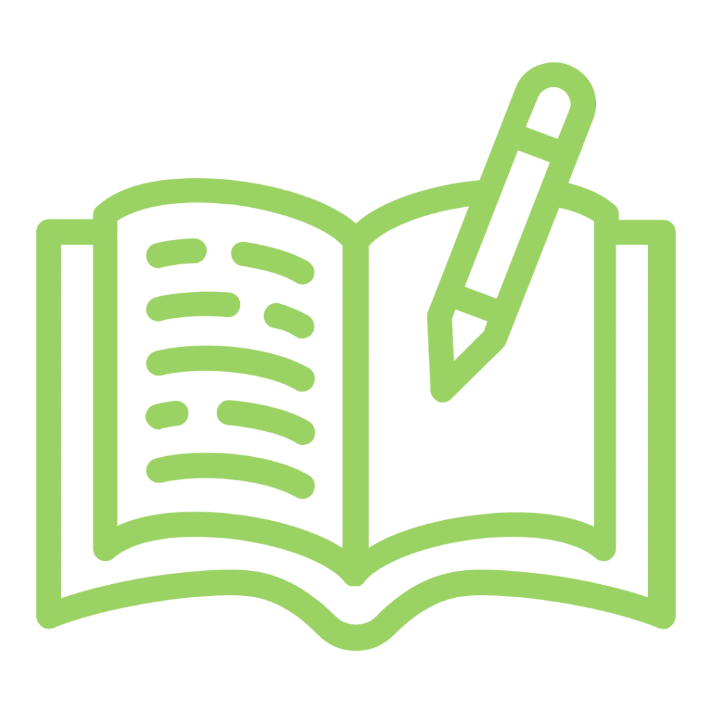 A line drawing of an open book with a pen hovering over it.