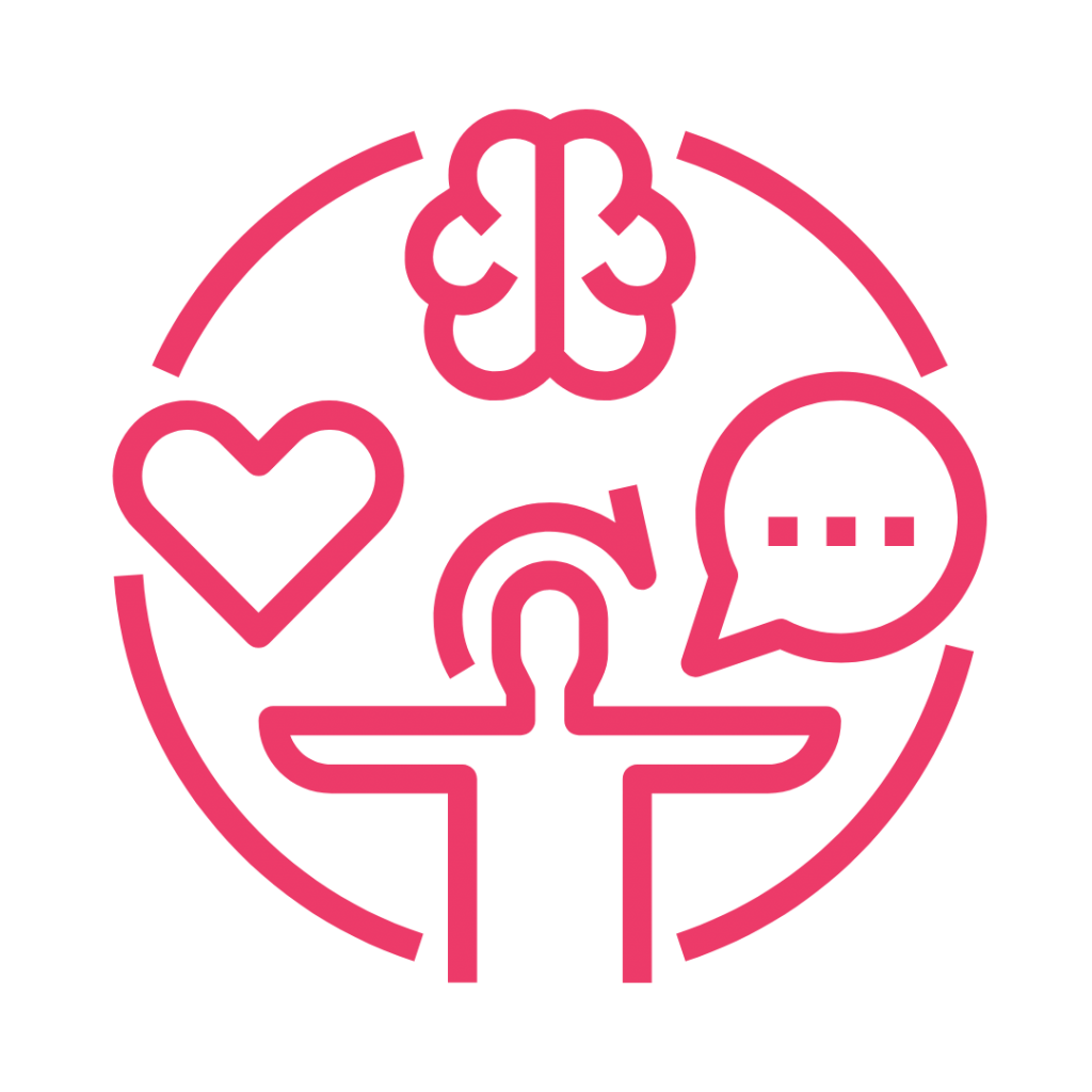 A line drawing of a person surrounded by a brain, a heart, and a speech bubble.