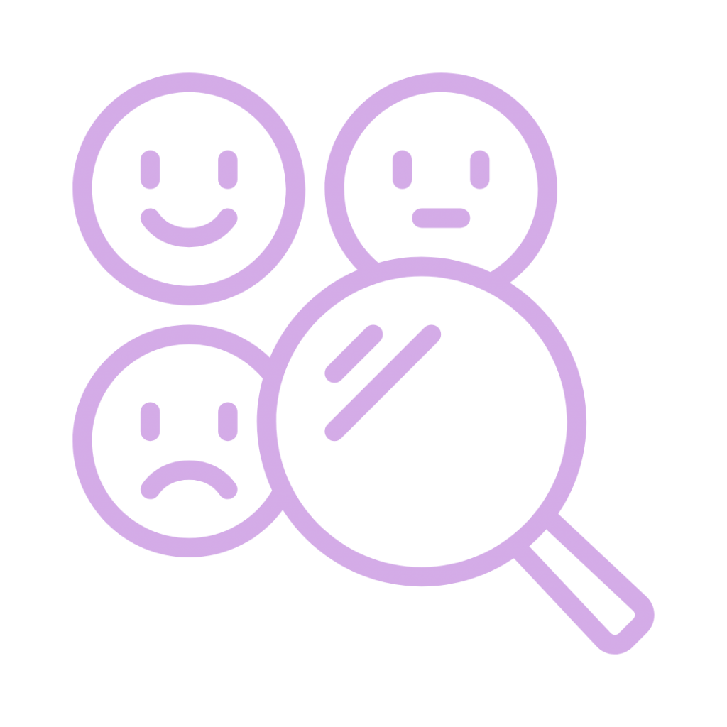 A line drawing of a magnifying glass over a group of emojis, including a happy face, a neutral face, and a sad face.