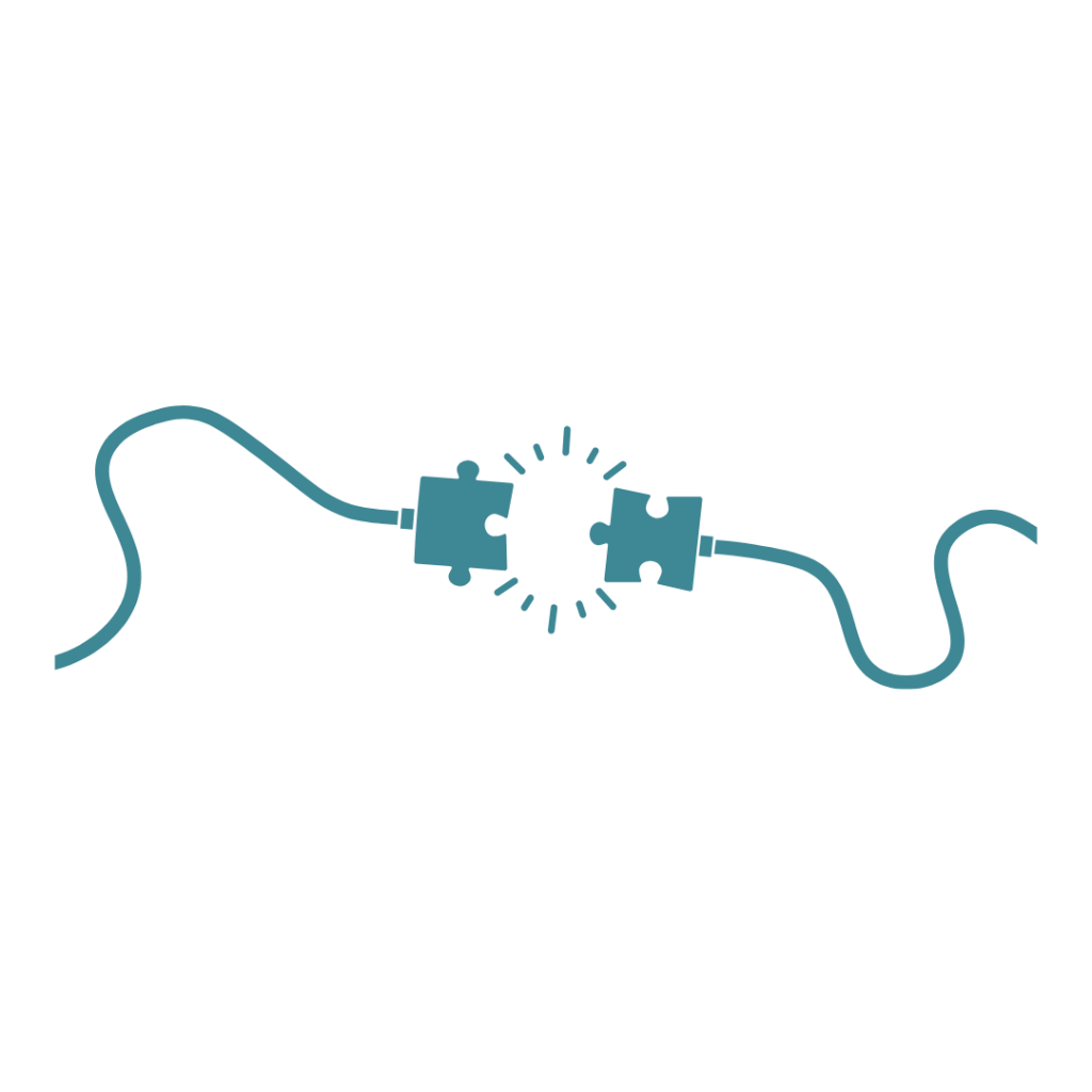Two puzzle pieces connected by wavy lines, with a burst of energy between them.