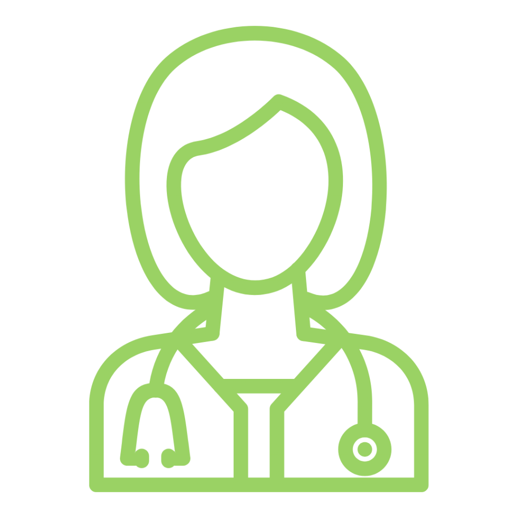 A line drawing of a female doctor wearing a lab coat and stethoscope.