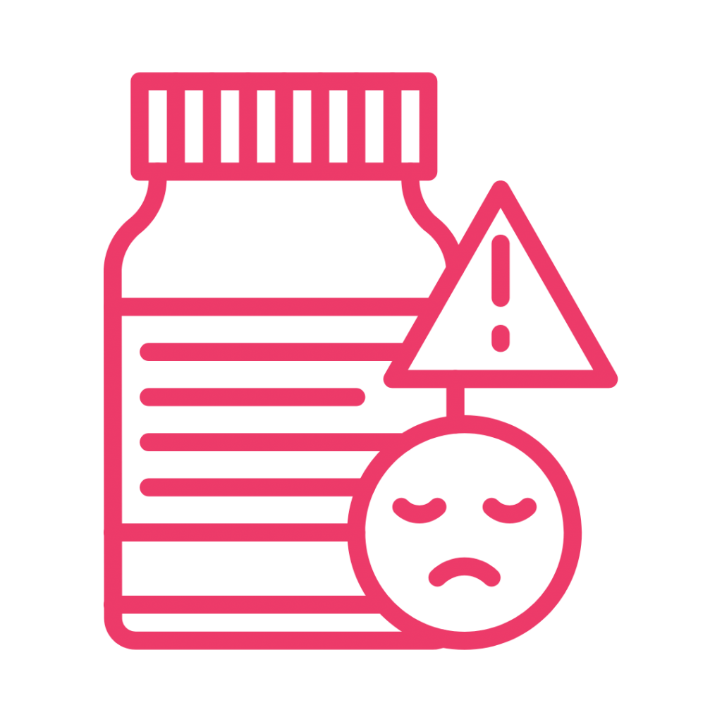 A line drawing of a pill bottle with a warning sign and a sad face.