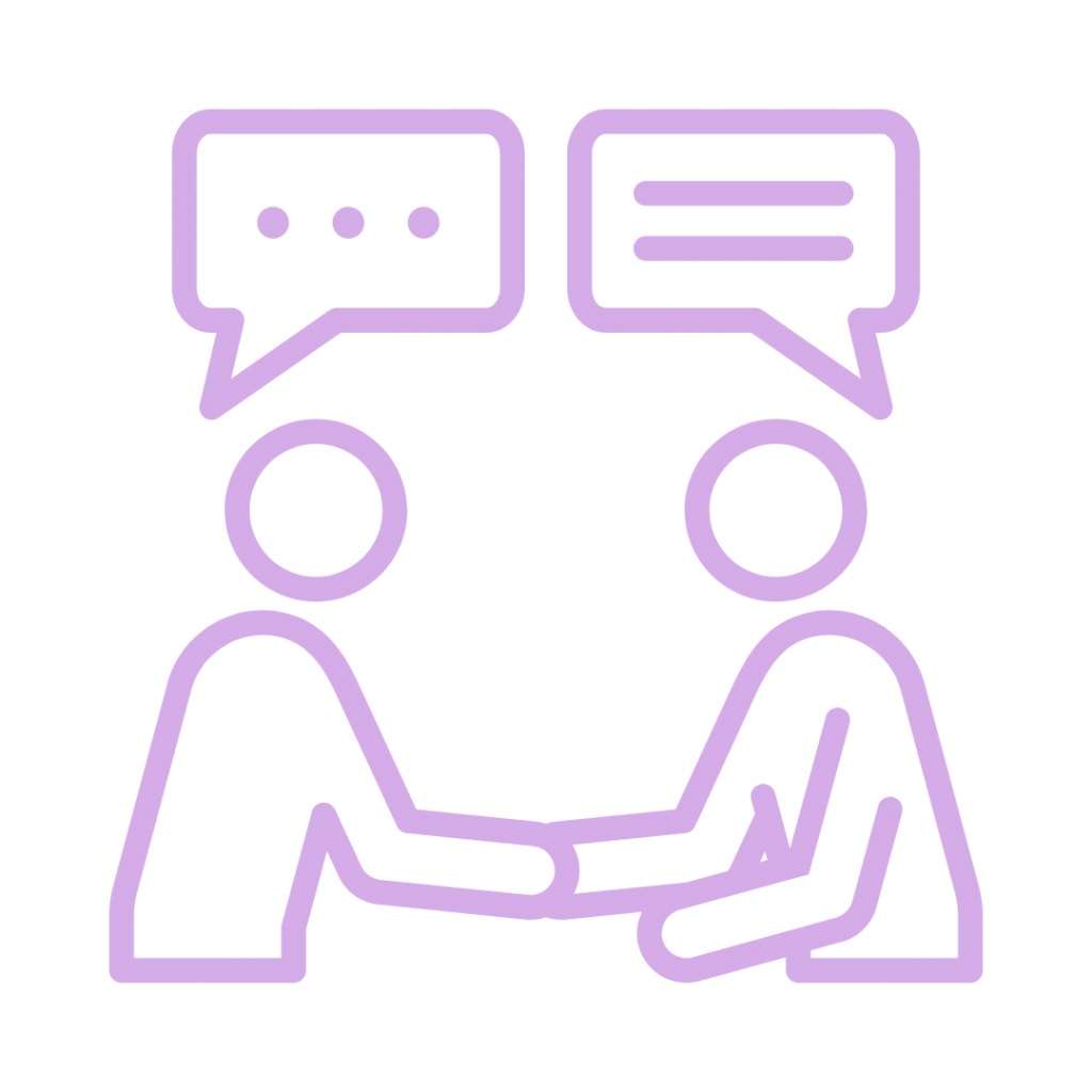 A line drawing of two people shaking hands with speech bubbles above their heads.