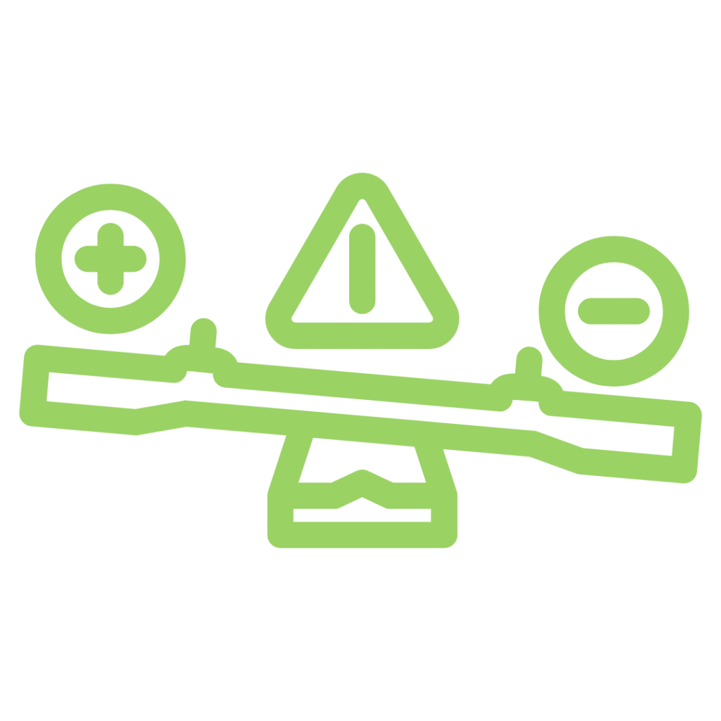 A line drawing of a seesaw with a plus sign, a triangle with an exclamation point, and a minus sign on either side.