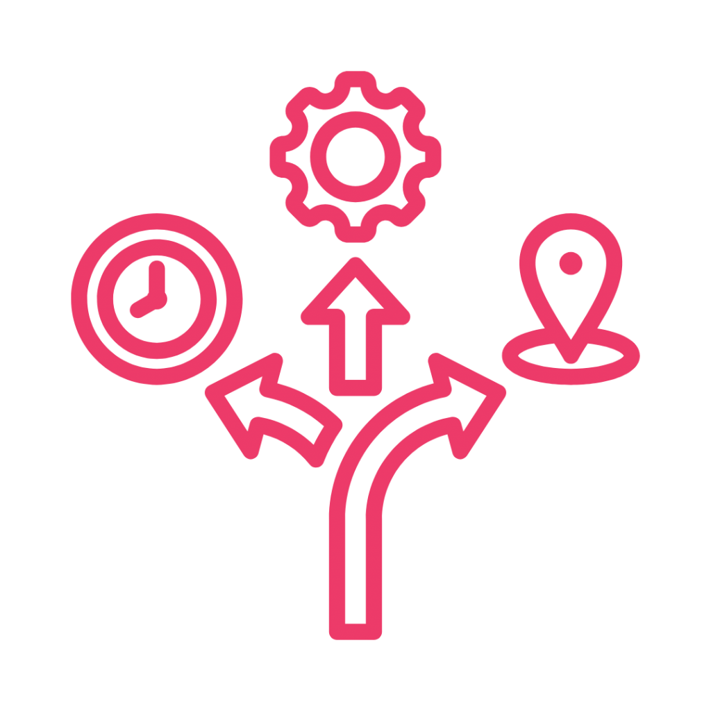 A line drawing of a gear, a clock, and a location pin, with arrows pointing outward from a central point.