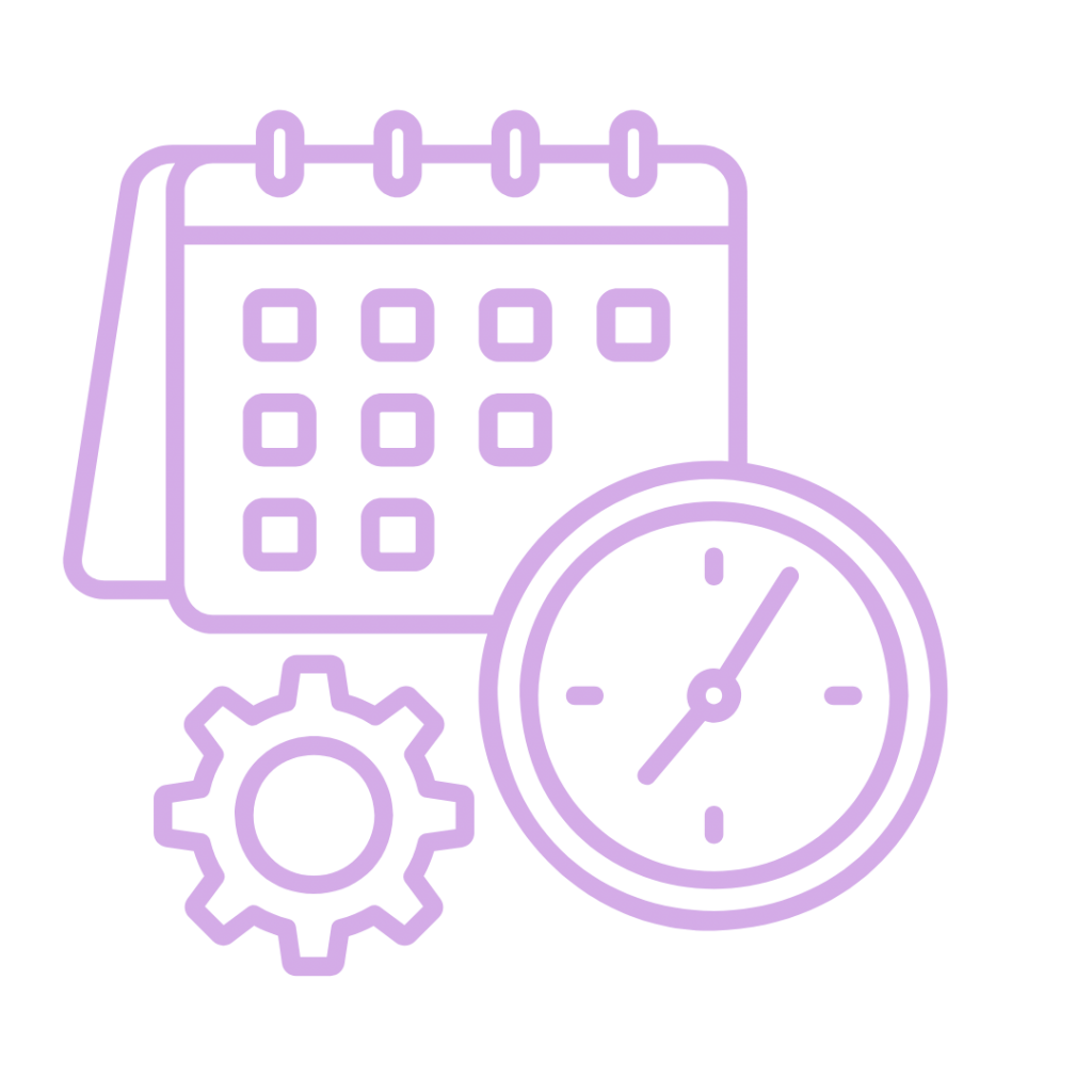 A line drawing of a calendar, a clock, and a gear.