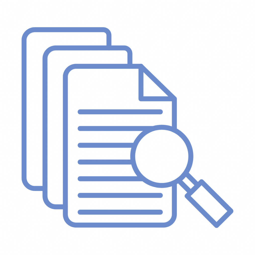 Blue line drawing of a stack of papers with a magnifying glass