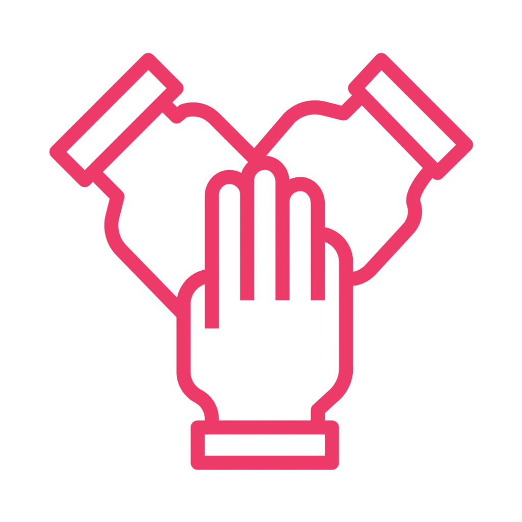 Line drawing of three hands joined together in a gesture of unity.