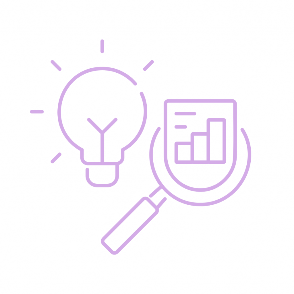 Purple line drawing of a lightbulb and a magnifying glass over a bar graph