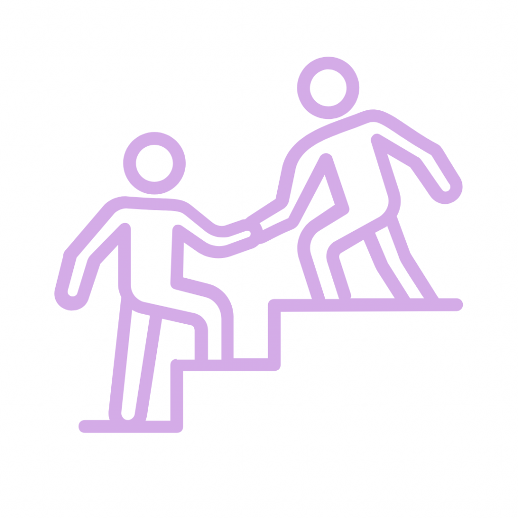Purple line drawing of two people climbing stairs, one helping the other