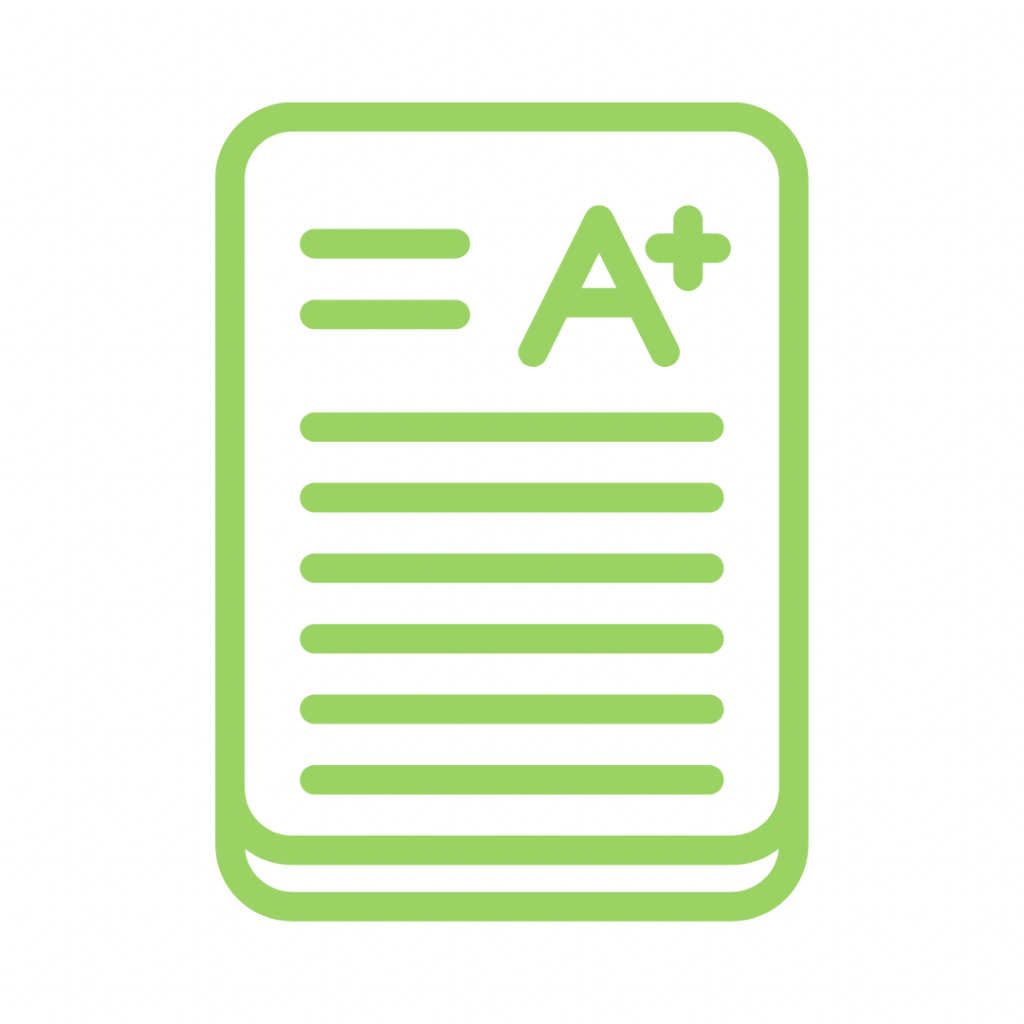 Line drawing of a sheet of paper with an A+ grade written on it.