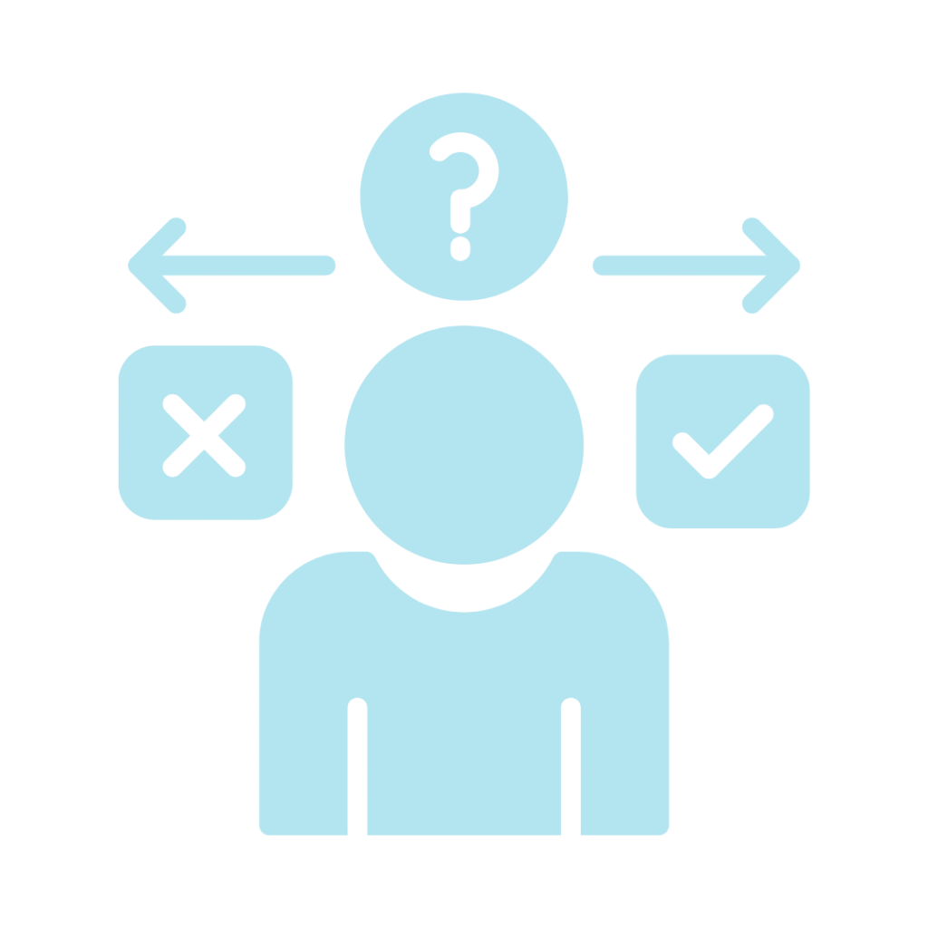 A person is presented with two options, one marked with a checkmark and the other with an X. A question mark hovers above their head.