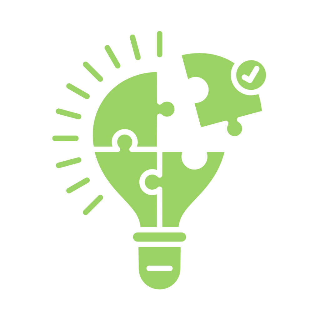 A green lightbulb with four puzzle pieces forming its shape. One puzzle piece is missing.