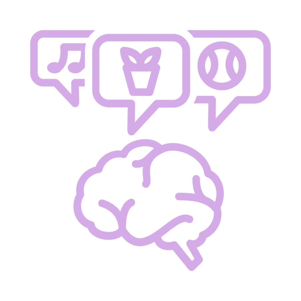 A human brain with three speech bubbles above it, each containing a different symbol: a music note, a plant, and a baseball.