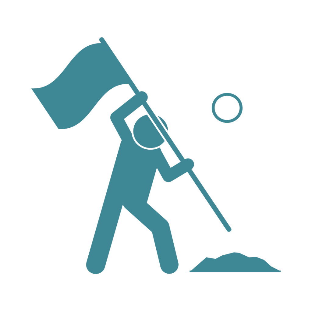 Line drawing of a person planting a flag in the ground.