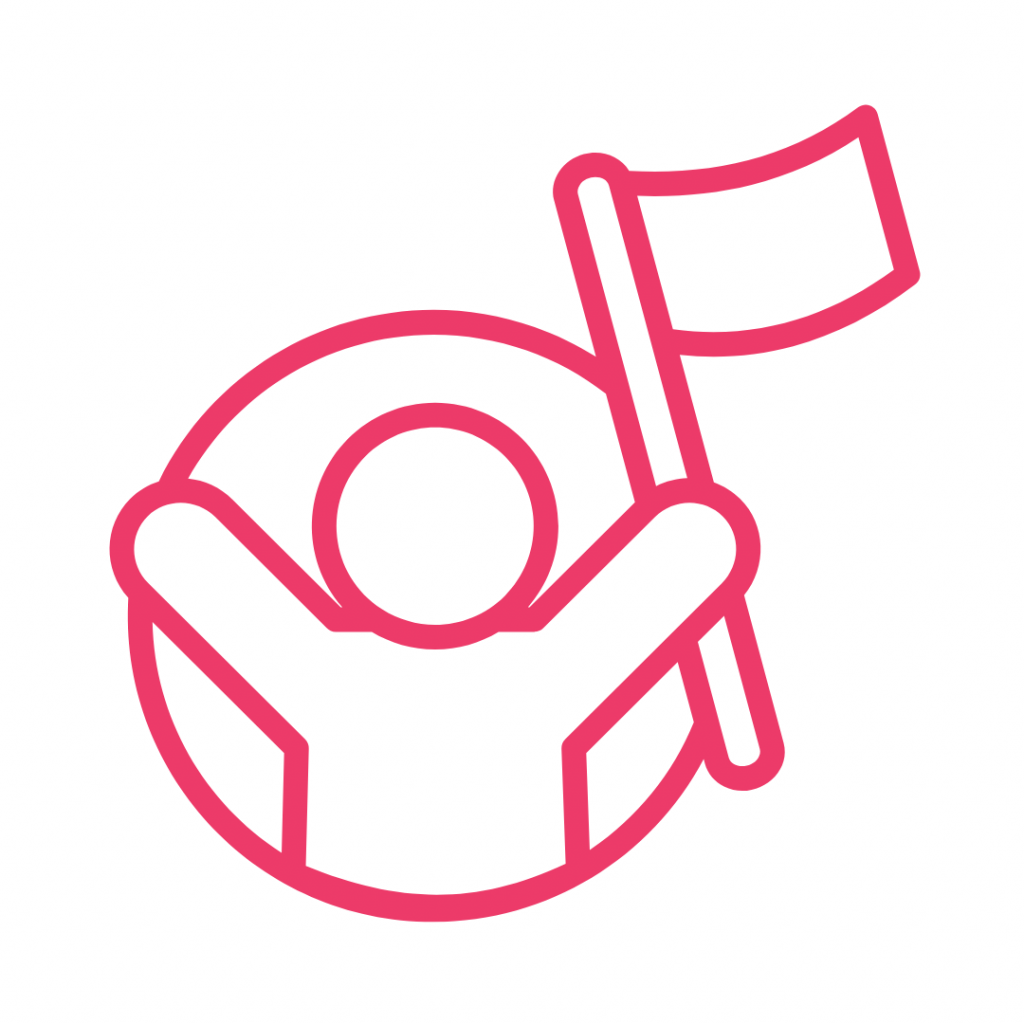 Line drawing of a person holding a flag with both arms raised.