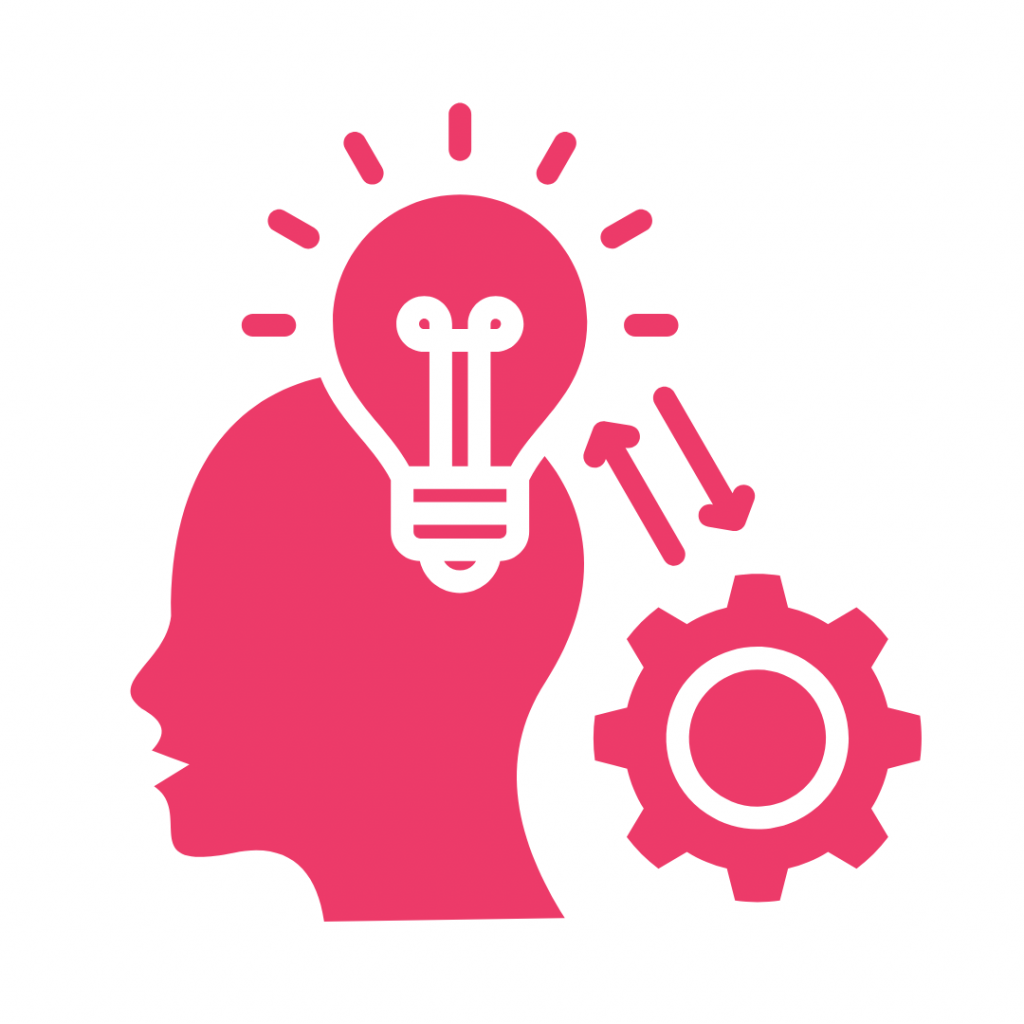 Line drawing of a head with a lightbulb above it, connected to a gear by arrows.