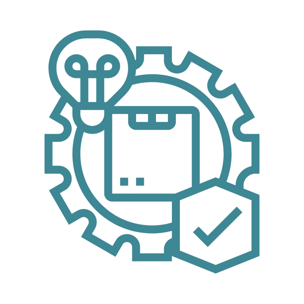 Line drawing of a gear with a lightbulb, a box, and a checkmark inside it.