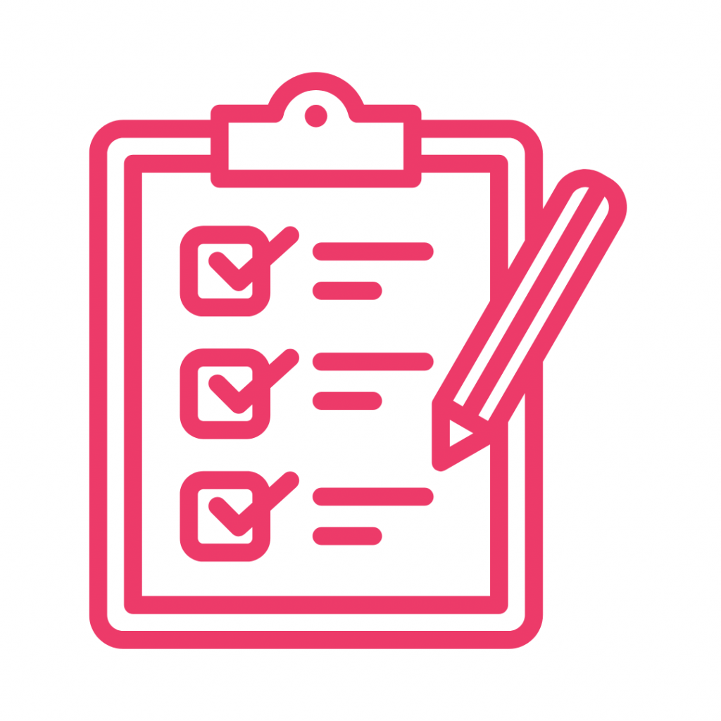 Line drawing of a clipboard with a checklist and a pencil.