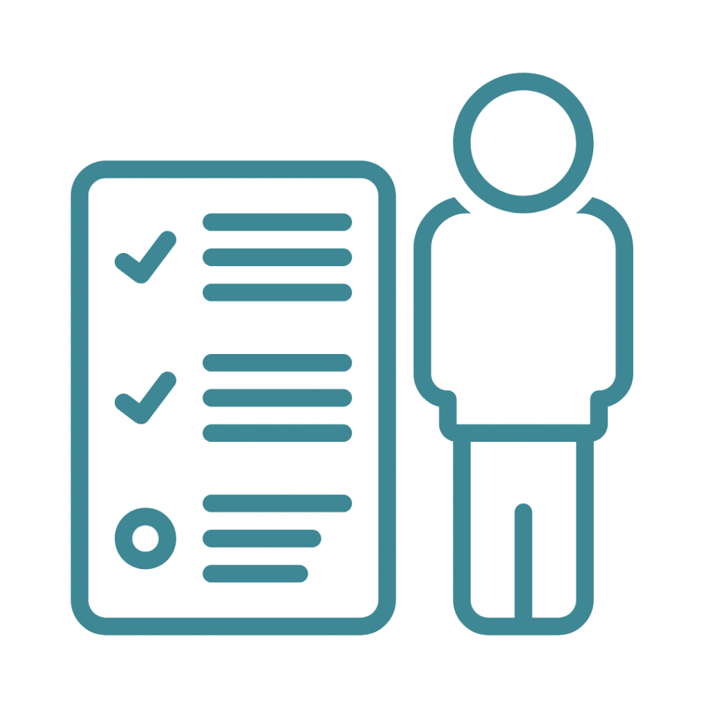 Line drawing of a person standing next to a checklist with two completed tasks and one incomplete task.