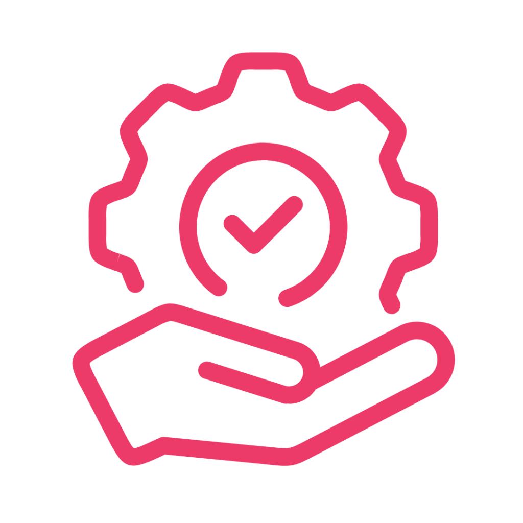 Line drawing of a hand holding a gear with a checkmark in the center.