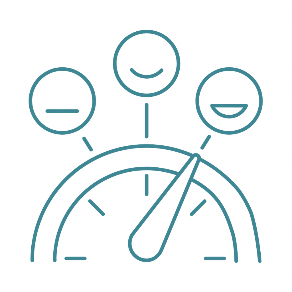 Line drawing of a meter with a needle pointing to a happy face, with other faces indicating different levels of satisfaction.
