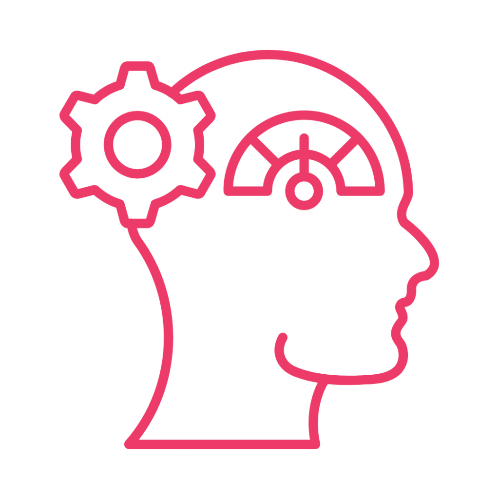 Line drawing of a head with a gear on one side and a meter inside the head.