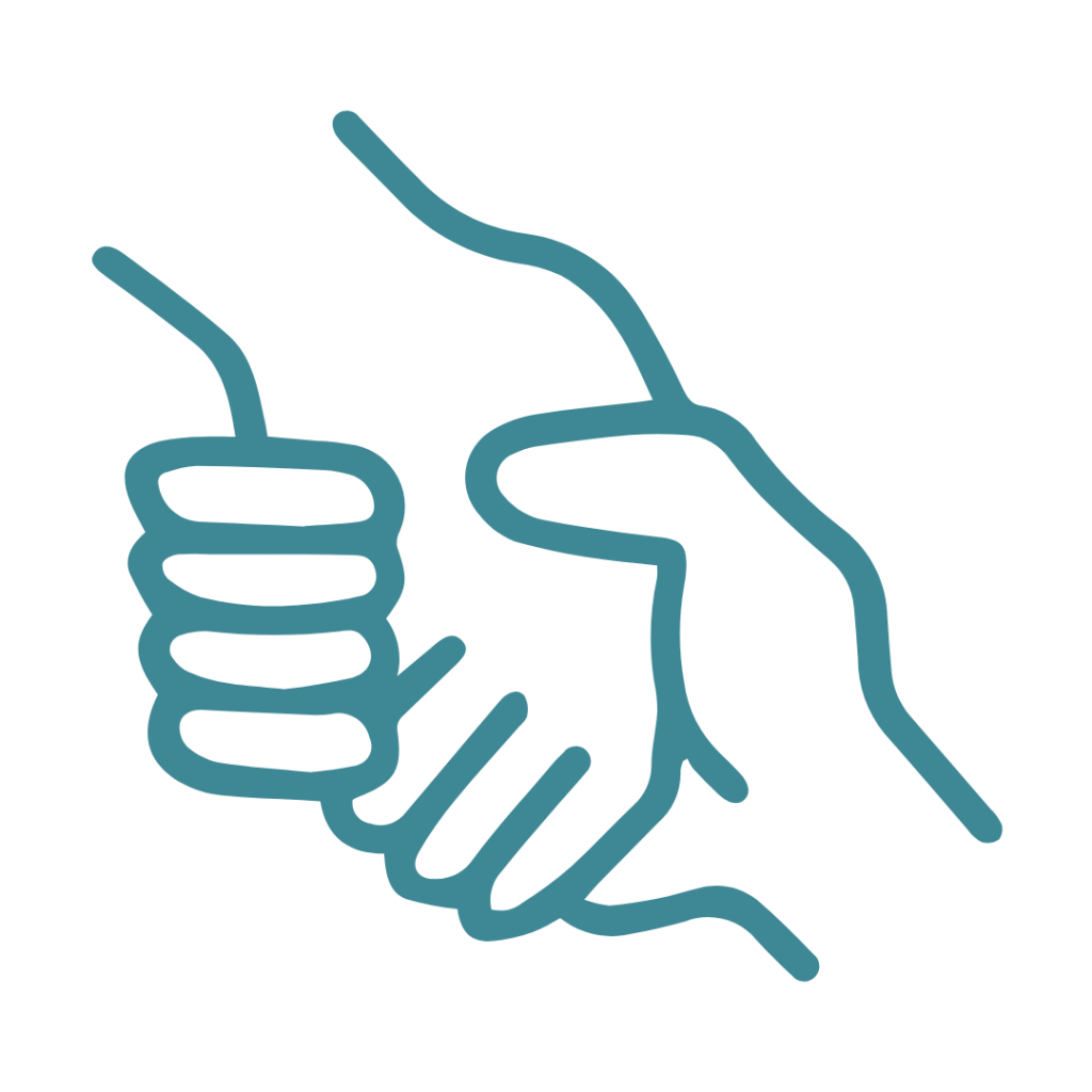 Two hands, one larger than the other, holding each other
